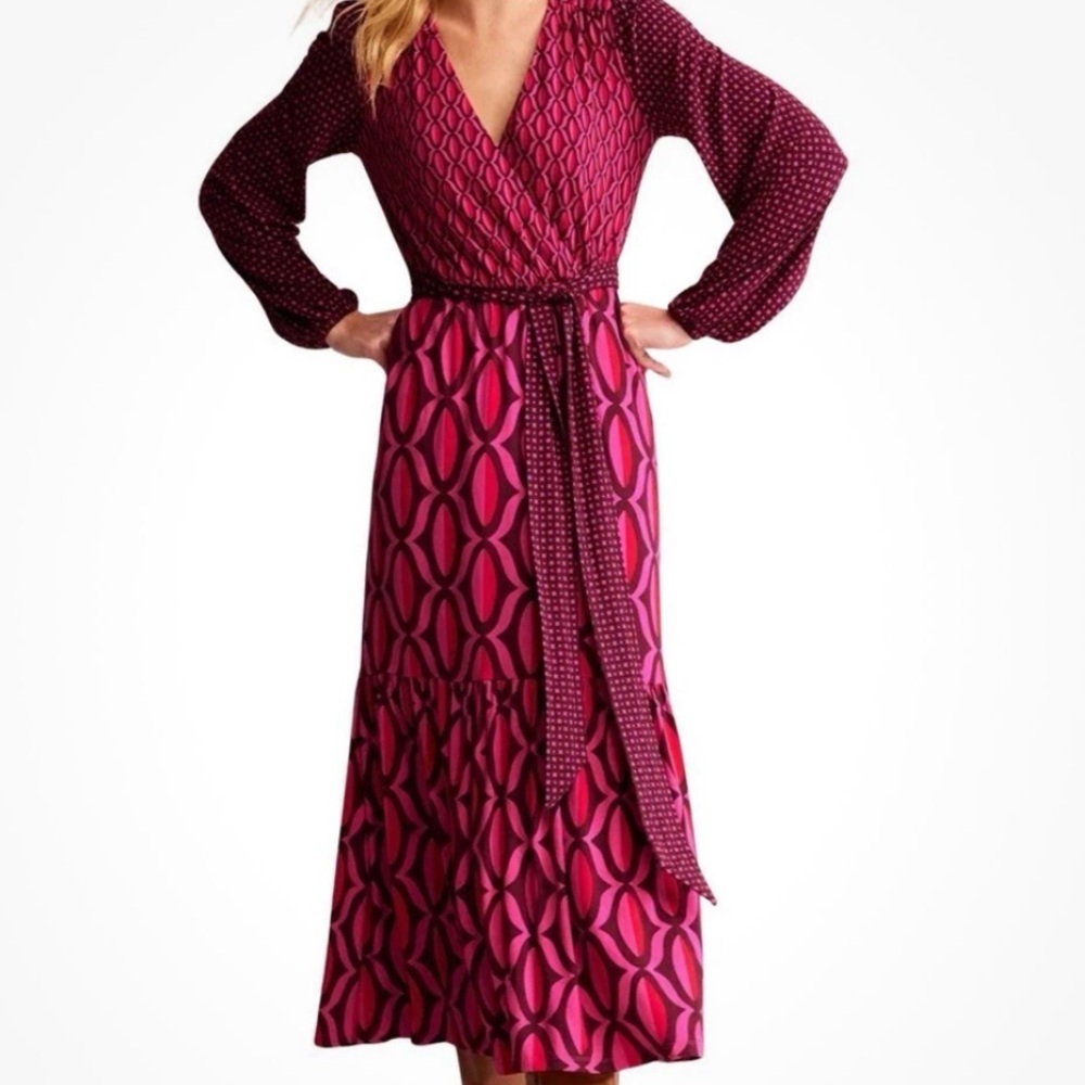 16/18 US Boden Anthropologie Retro Burgandy & Pink LS Dress Wrap XL Geometric
